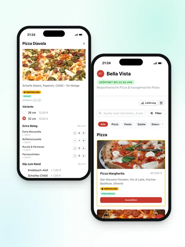 ByteORDER-Bestellshop auf dem Smartphone: Speisekarte und Produktauswahl mit Varianten und Extras