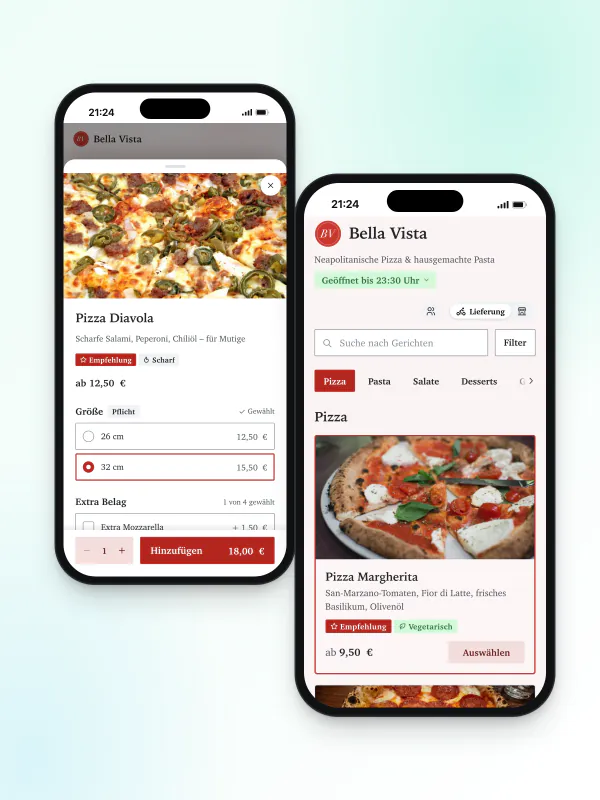 ByteORDER-Bestellshop auf dem Smartphone: Speisekarte und Produktauswahl mit Varianten und Extras