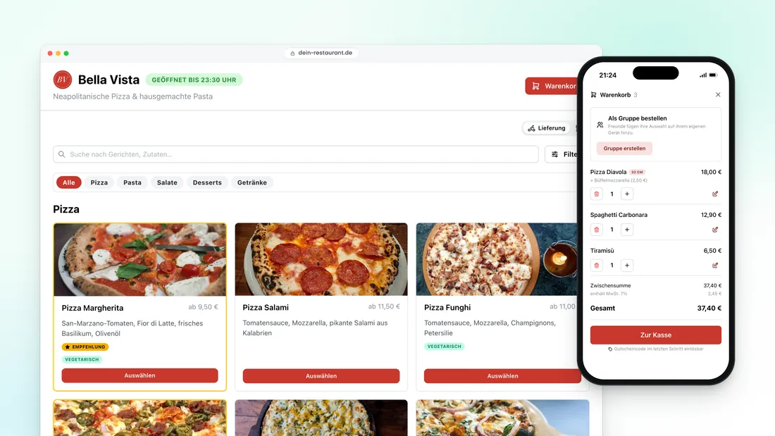 Bestellshop der Pizzeria Bella Vista im eigenen Branding — auf dem Desktop und als Warenkorb auf dem Smartphone