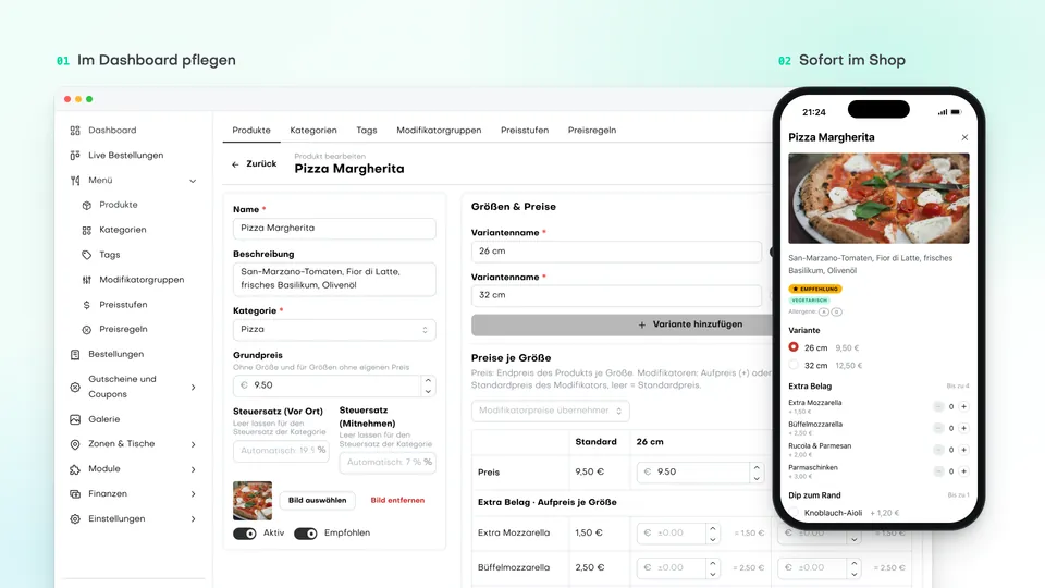 Im Dashboard pflegen — sofort im Shop