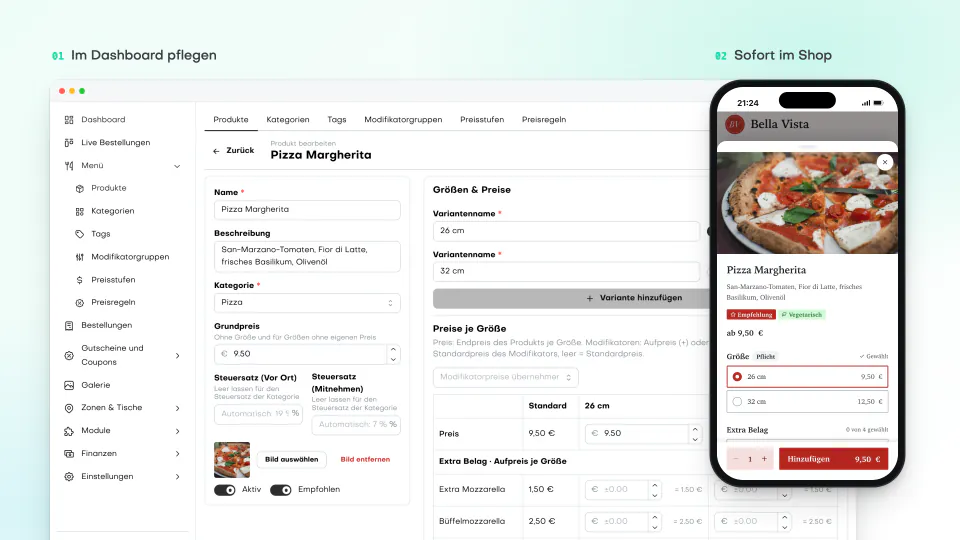 Im Dashboard pflegen — sofort im Shop